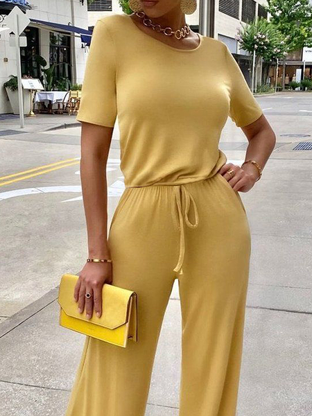 

High Elasticity Crew Neck Short sleeve Urban Loose Shirt, Yellow, Blouses and Shirts