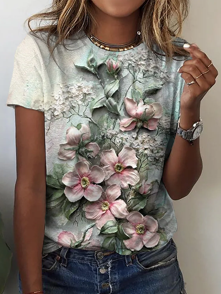 

Women's T shirt Tee Yellow Pink Blue Floral Print Short Sleeve Holiday Weekend Basic Round Neck Regular Floral Painting, T-Shirts
