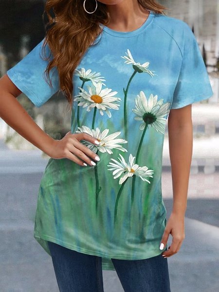 

Casual Crew Neck Floral Loose T-Shirt, Blue, T-Shirts