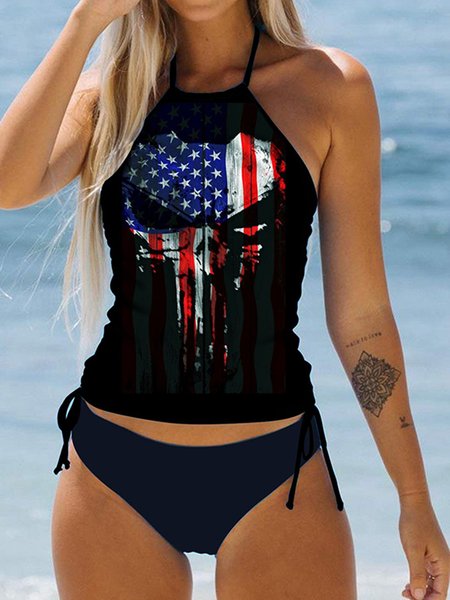 

Crew Neck America Flag Printing Vacation Tankini, Black, swimwear>>Tankinis