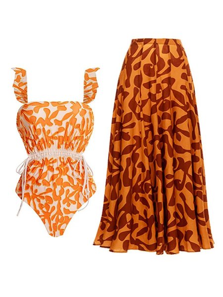 

Printing Square Neck Animal Vacation One Piece With Cover Up, Orange, One-Pieces