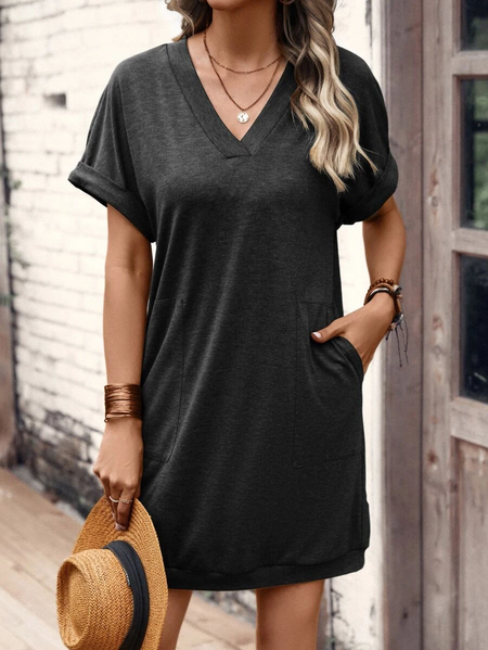 

Casual Loose Solid V Neck Slant Pocket Batwing Sleeve Tee Dress, Dark gray, Dresses