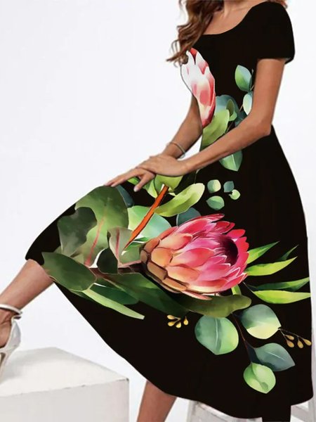 

Floral Elegant Square Neck Regular Fit Dress, Black, Dresses