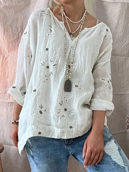 

Loose Linen V Neck Floral Shirt, White, Shirts & Blouses