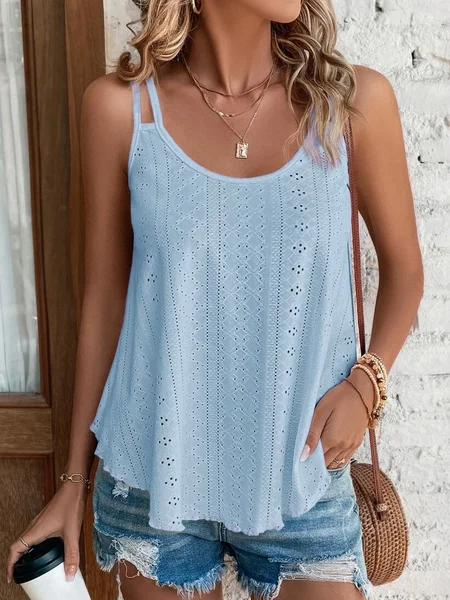 

Plain Solid Eyelet Embroidery Cami Casual Cami, Gray, Tanks & Camis
