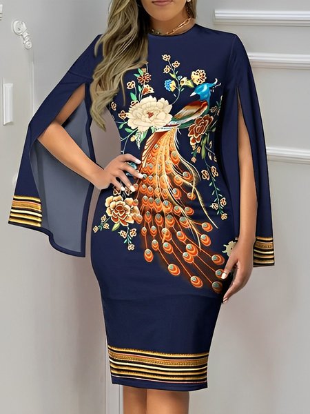 

Elegant Crew Neck Bird Print Split Sleeves Dress, Navyblue, Mini Dresses