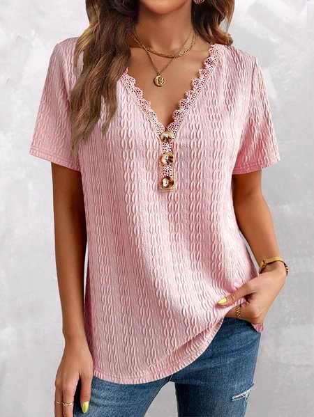 

Loose Casual Knitted Buttoned T-Shirt, Pink, T-Shirts