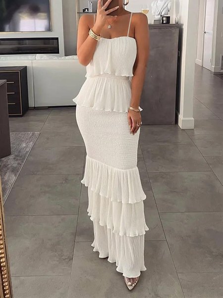 

Elegant Spaghetti Chiffon Plain Dress, White, Maxi Dresses
