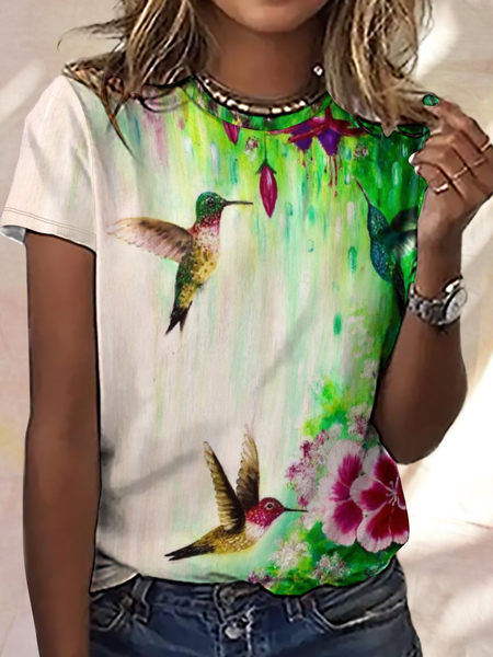 

Women's Simple Floral Color Block Bird Loose T-Shirt, Green, T-shirts