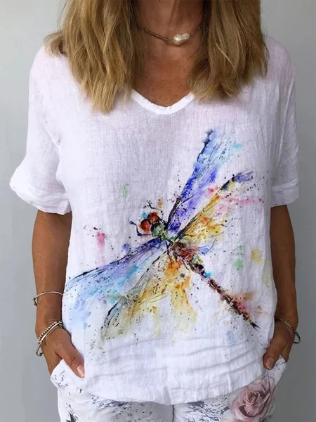 

Women Casual Loose V Neck Dragonfly Short Sleeve Summer T-shirt, White, Tees & T-shirts