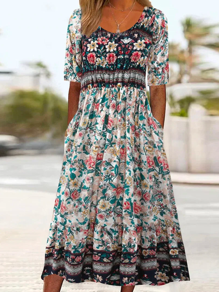 

Casual Crew Neck Loose Floral Dress, Deep blue, Dresses