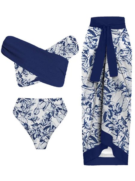 

Elegant Tropical V Neck Printing Bikini With Cover Up, Blue, Bikini Sets