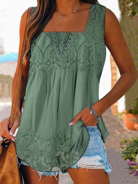 

Casual Plain V Neck Lace Tank Top, Green, Tanks & Camis