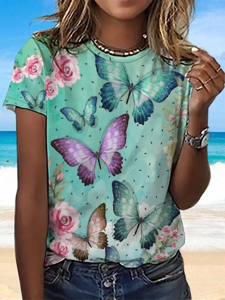 

Women's Butterfly Casual T-Shirt, Green, T-shirts