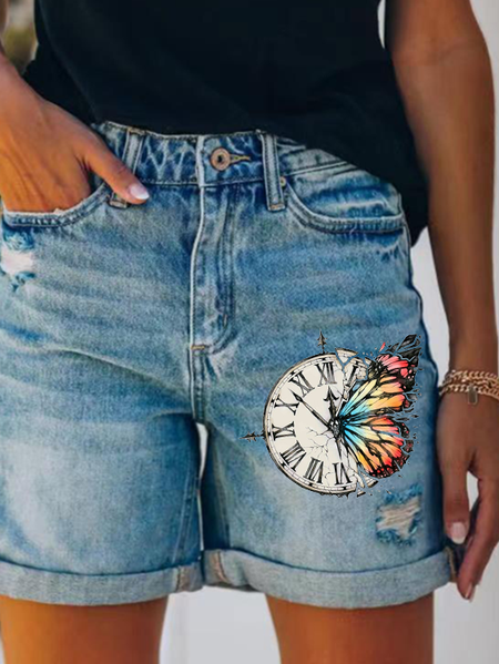 

Women's Butterfly Hole Denim Shorts, As picture, Jeans