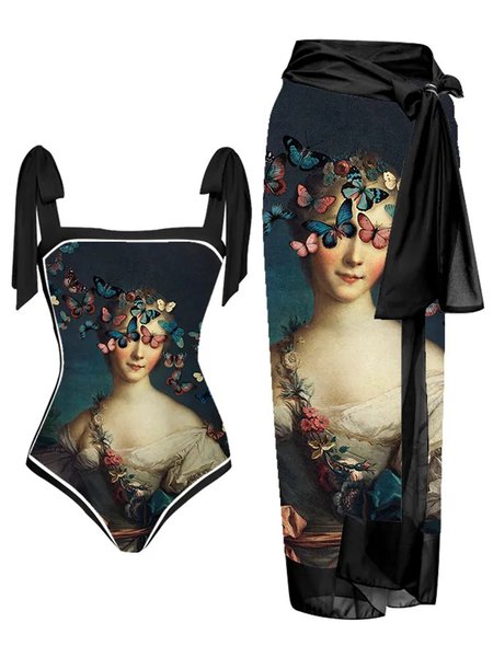

Printing Figure Square Neck Vacation One Piece With Cover Up, Black, Coverups