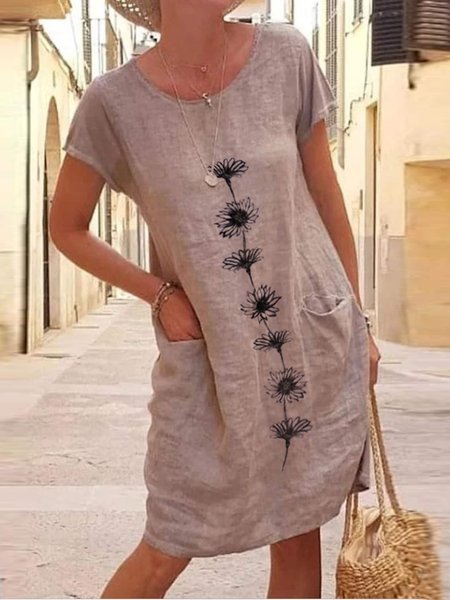 

Women Summer Floral Pockets Short Sleeve Crew Neck Cotton Linen Dress, Red, Mini Dresses