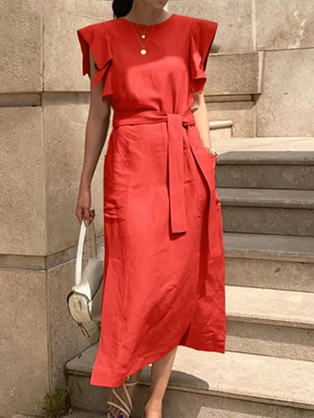 

Midi Crew Neck Regular Fit Elegant Daily Dress, Red, Midi Dresses
