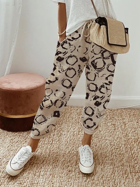 

JFN Geometric Printed Lace-up Pockets Casual Pants, Khaki, Pants
