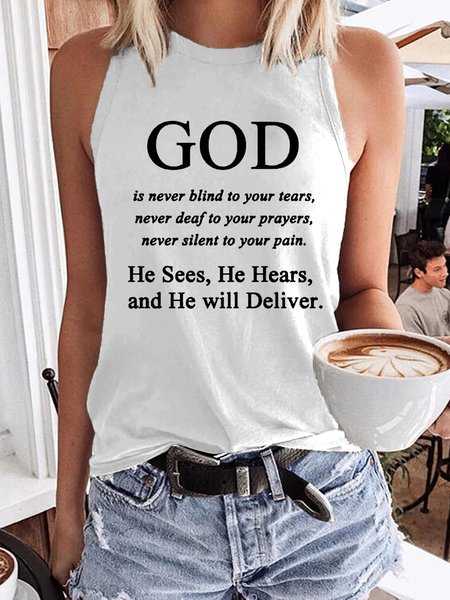 

Women‘s Jesus Faith God Religious God is never blind to your tears Letter Print Casual Tank Top, White, Tank Tops