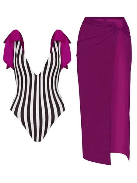 

Casual Striped Printing One Piece With Cover Up, Rose red, Coverups