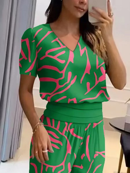 

Casual Regular Fit V Neck Abstract Stripes Shirt, Green, Blouses and Shirts