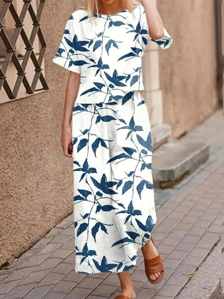 

Loose Vacation Crew Neck Two-Piece Set, Blue, Suit Set