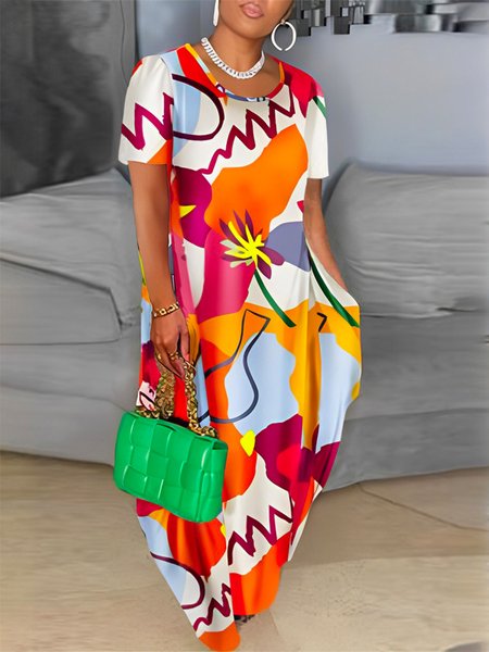 

Loose Abstract Vacation Short Sleeve Maxi Dress, Multicolor, Maxi Dresses