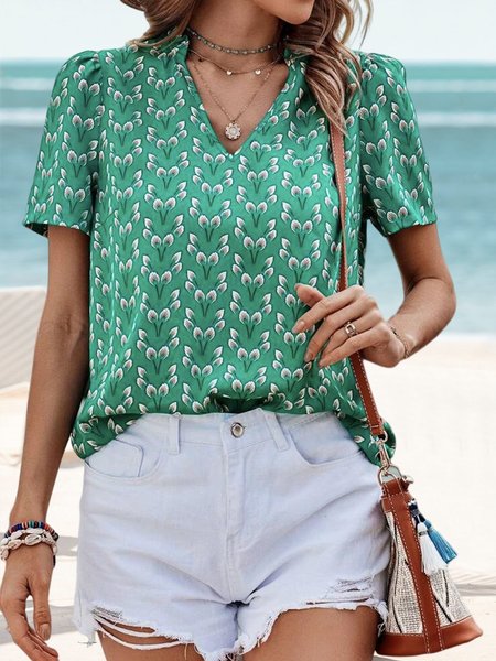 

Loose Geometric Vacation Ditsy Floral Print Puff Sleeve Blouse, Green, Shirts & Blouses