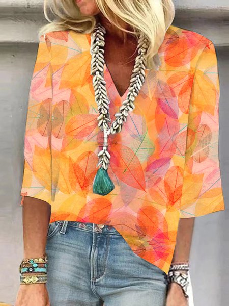 

V Neck Casual Loose Leaf Shirt, Multicolor, Shirts & Blouses