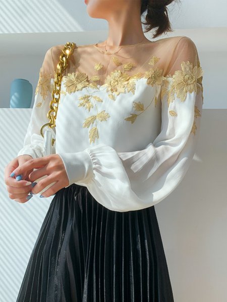 

Elegant Floral Regular Fit Crew Neck Shirt, White, Blouses and Shirts