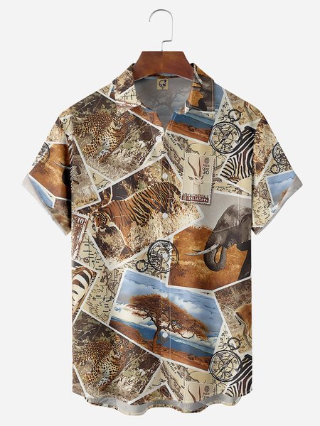 

Wildlife Chest Pocket Short Sleeve Casual Shirt, Brown, Men Shirts