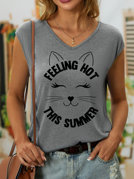 

Lilicloth X Jessanjony Feeling Hot This Summer Animal Cat Women's V Neck Casual Tank Top, Gray, Tank Tops