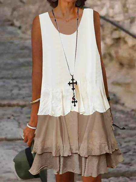 

Color Block Summer Ruffle Hem Crew Neck Cotton and Linen Sleeveless Tank Dress, Khaki, Mini Dresses