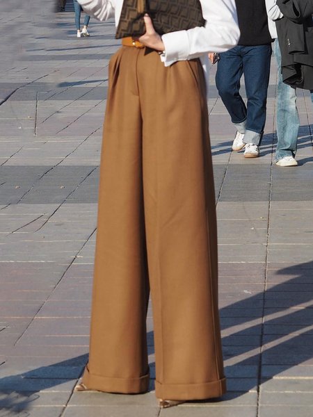 

Plain Urban Fashion Wide Leg Pants, Yellow brown, Pants