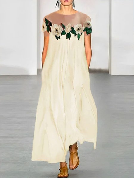 

Floral Loose Embroidery Vacation Dress, Apricot, Maxi Dresses