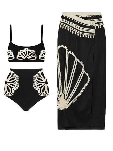 

Scoop Neck Casual Printing Color Block Bikini With Cover Up, Black, Bikini Sets