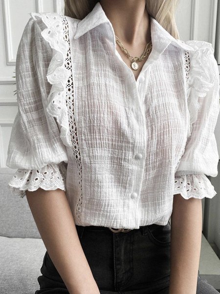 

Shirt Collar Ruffled Sleeves Plain Polyester Cotton Elegant Blouse, White, Blouses and Shirts