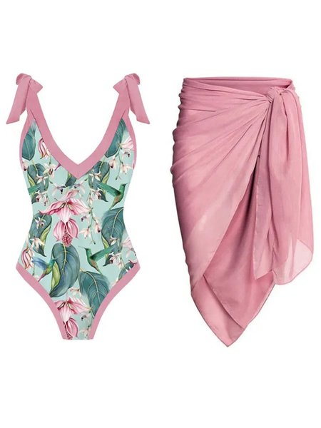 

V Neck Vacation Tropical Printing One Piece With Cover Up, Pink, Coverups