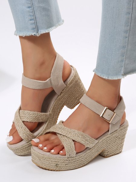 

Braided Strap Platform Chunky Heel Espadrille Sandals, Beige, Sandals