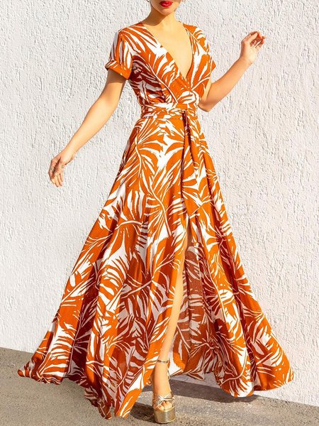 

Vacation Leaf V Neck Short Sleeve Print Dress, Orange, Maxi Dresses