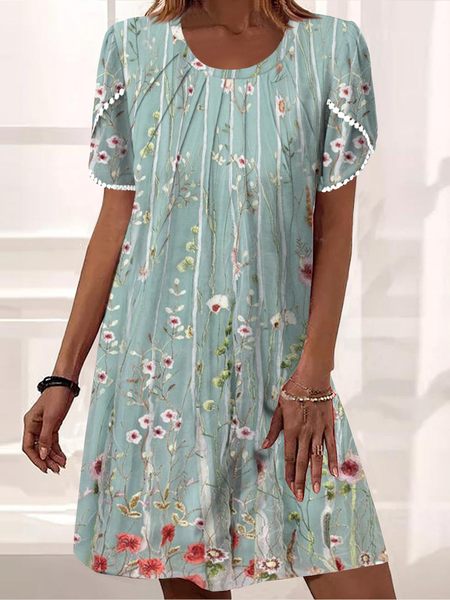 

Crew Neck Jersey Floral Vacation Dress, Green, Dresses