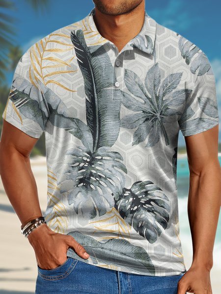 

Men’s Outdoor Vacation Plant Pattern Polo Collar Sea Casual Regular Fit Polo Shirt, As picture, T-shirts