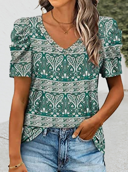 

Women's Bubble sleeves V Neck Vintage T-Shirt, Green, T-shirts