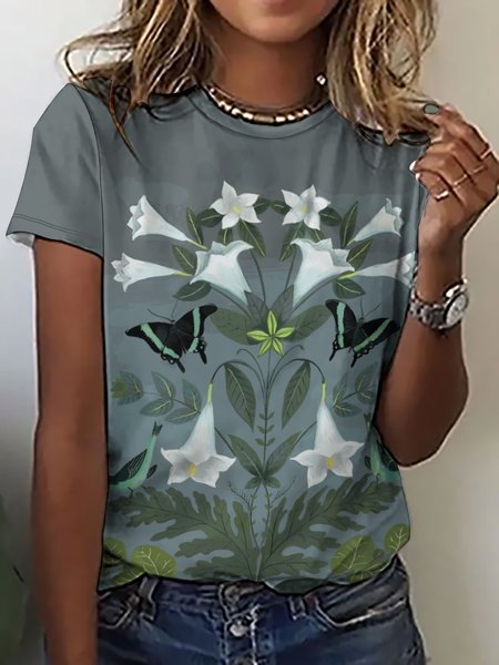 

Women's Floral Butterfly Bird Cotton Casual T-Shirt, As picture, T-shirts