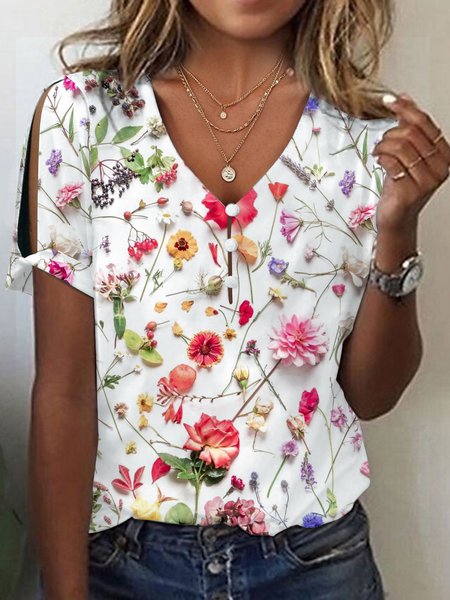 

Loose Floral Casual V Neck T-Shirt, White, T-Shirts