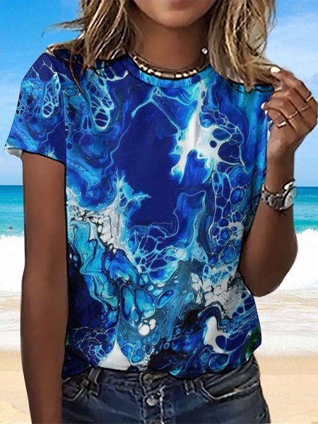 

Women's Ocean Art Print Crew Neck Casual T-Shirt, Blue, T-shirts