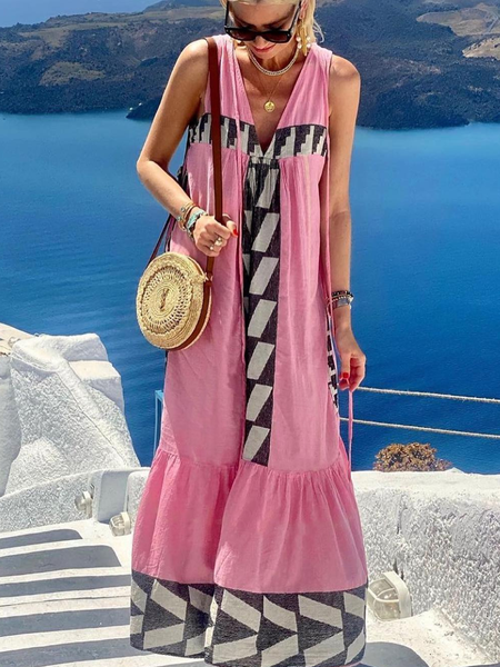 Geometric Vacation Loose V Neck Dress, Pink, Dresses