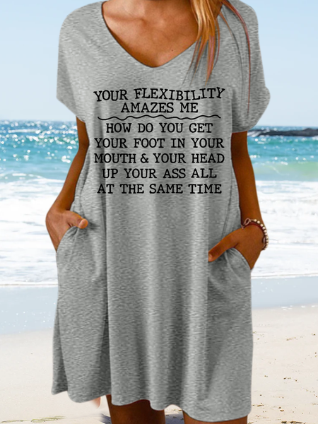

Women's Funny Word Your Flexibility Amazes Me Casual V Neck Loose Dress, Gray, Dresses