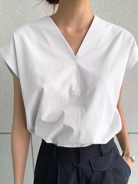 

Short sleeve V Neck Plain Regular Fit Urban Shirt, White, Blouses and Shirts